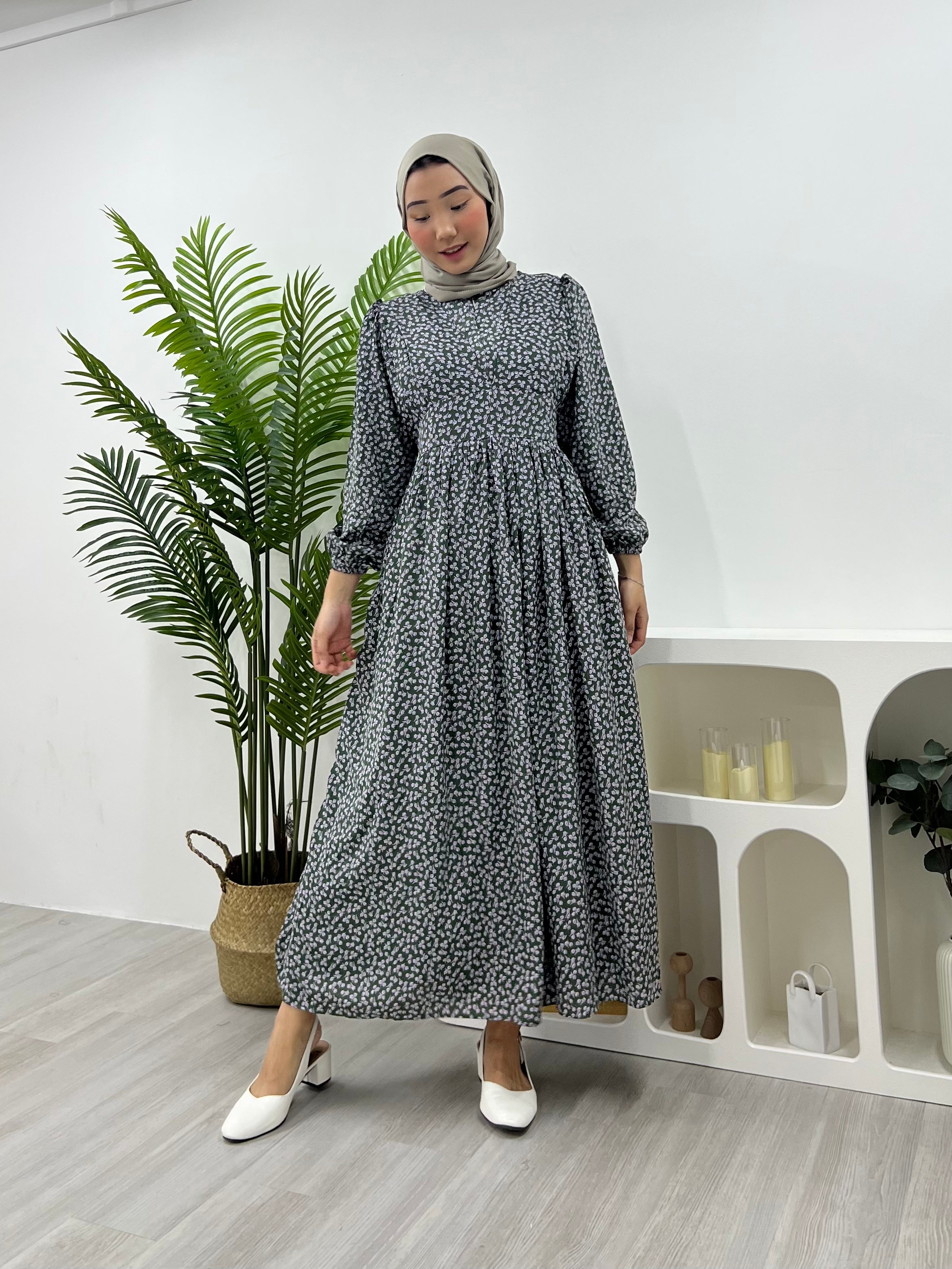 Printed Milkmaid Dress - Green Reen