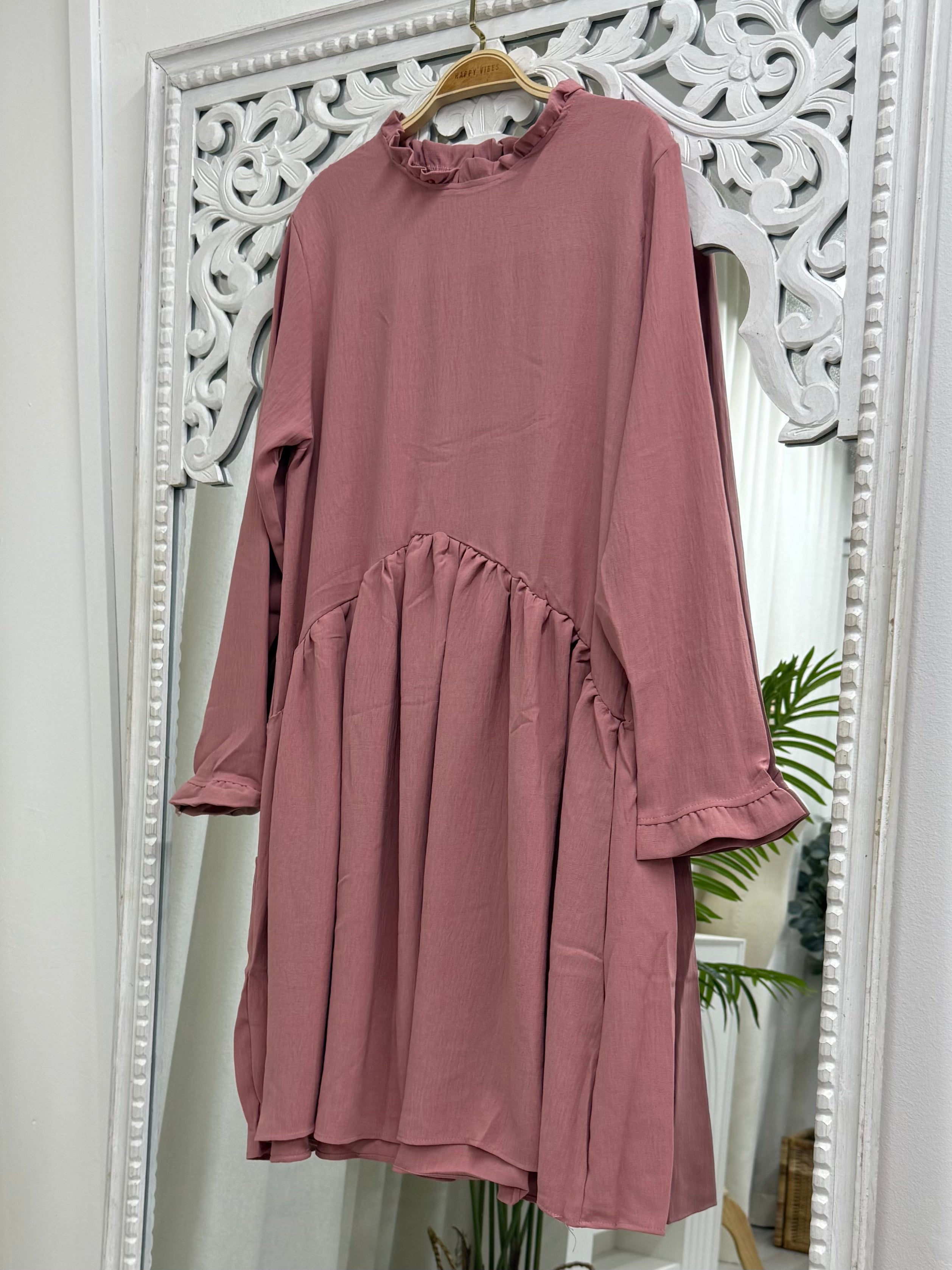 Ruffle Neck Crinkle Long Blouse