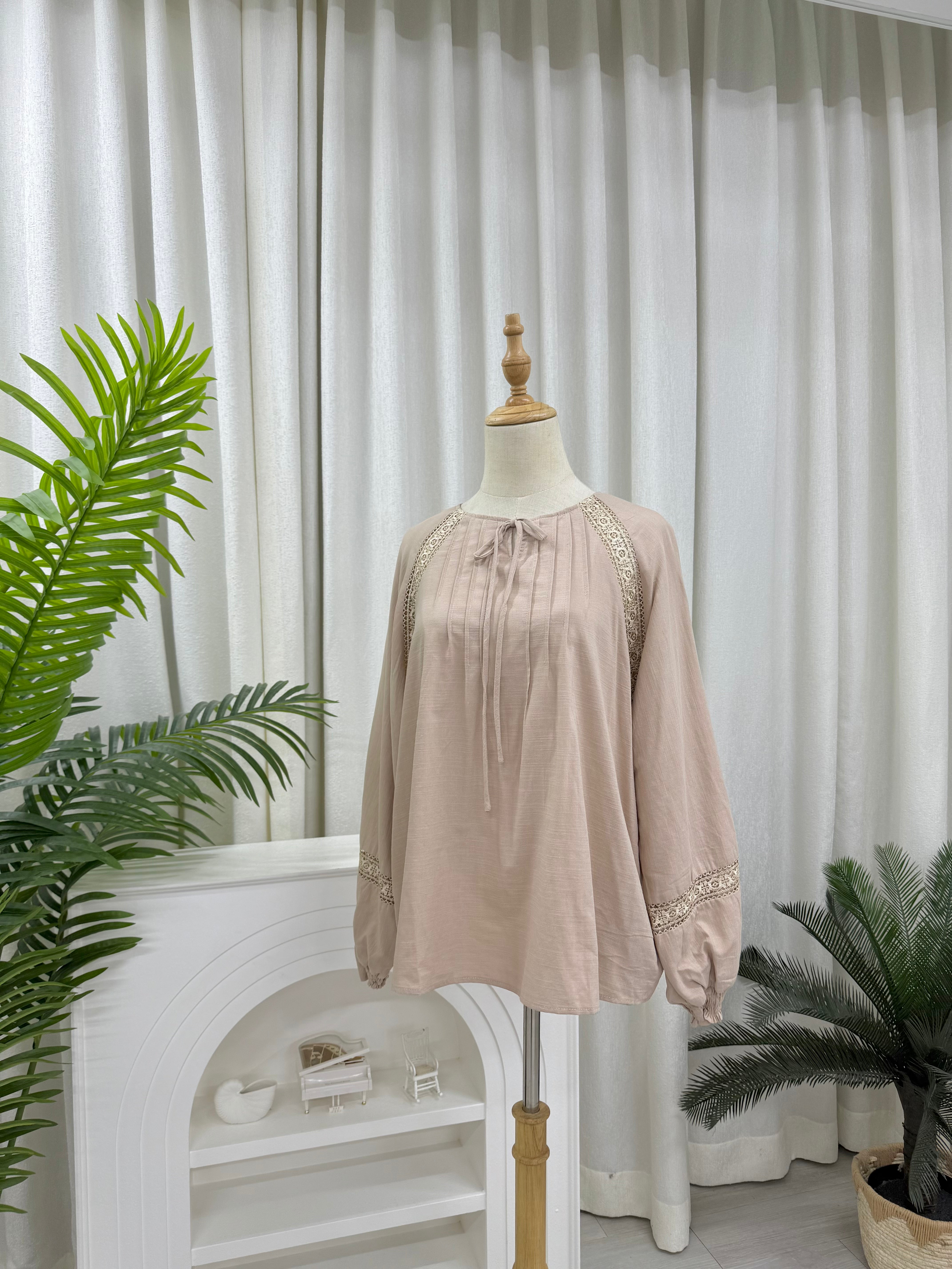 Lace Pleats Ribbon Elora Blouse