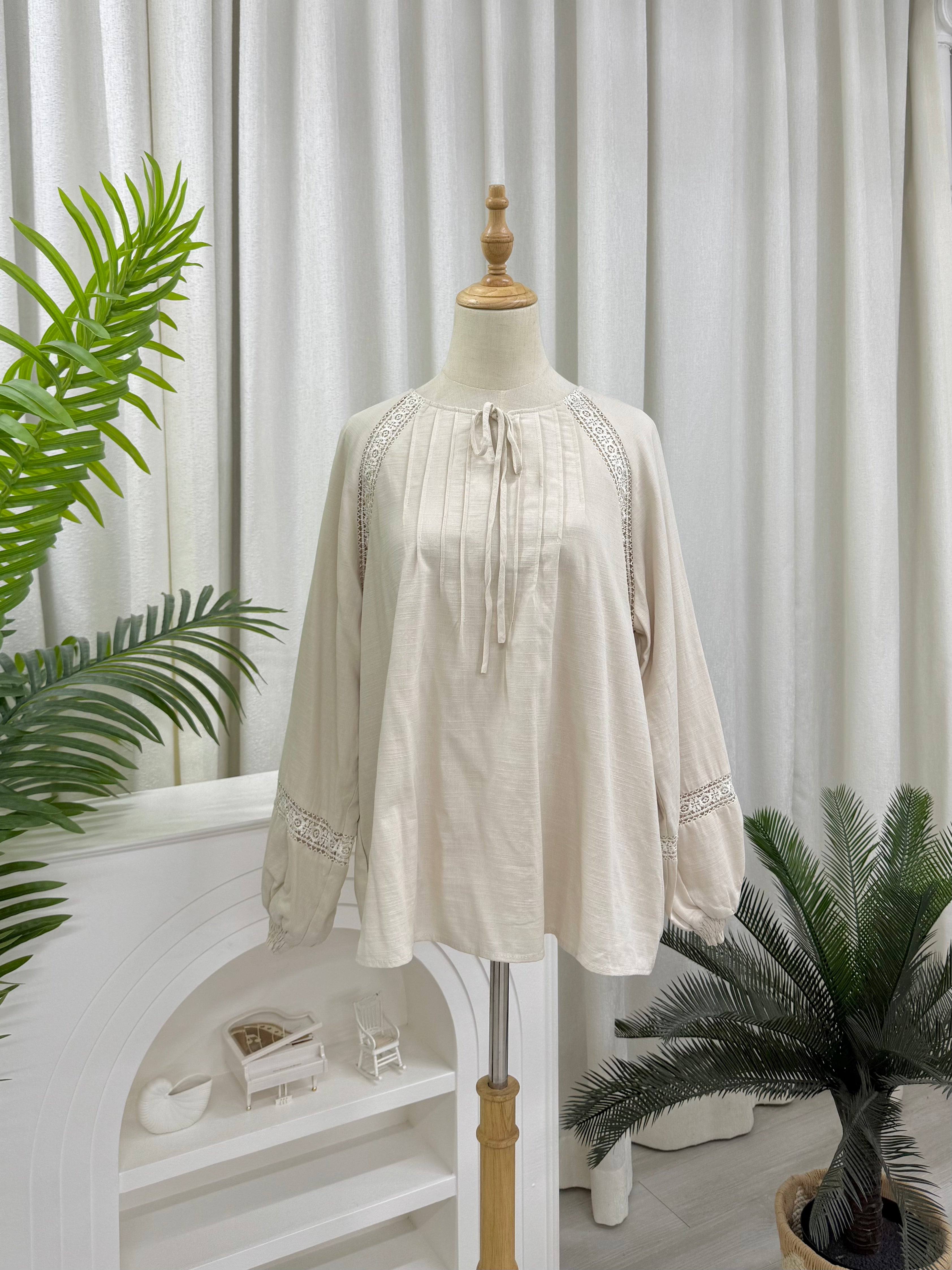 Lace Pleats Ribbon Elora Blouse