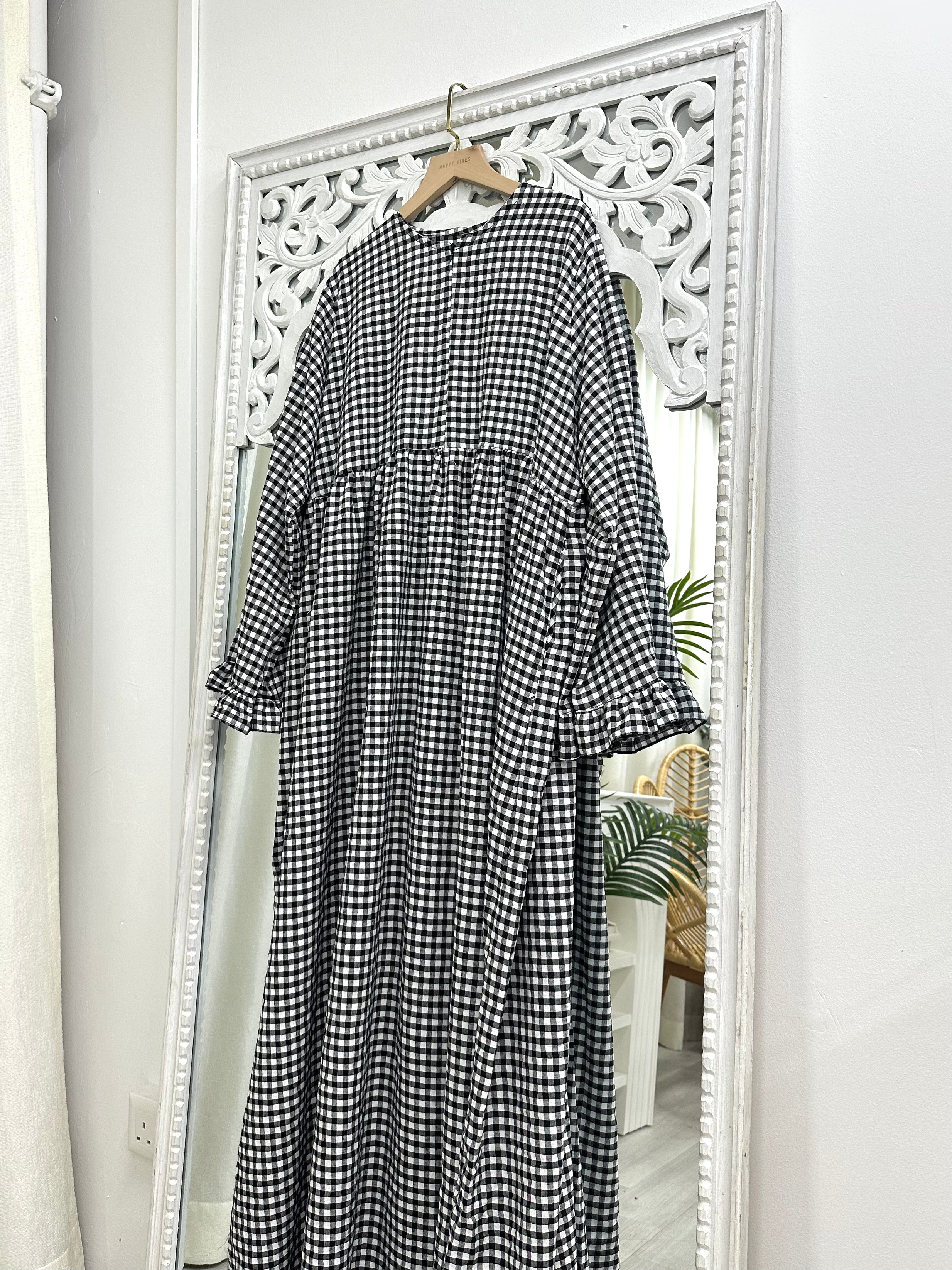 Checkered Ruffle Sleeve Dress